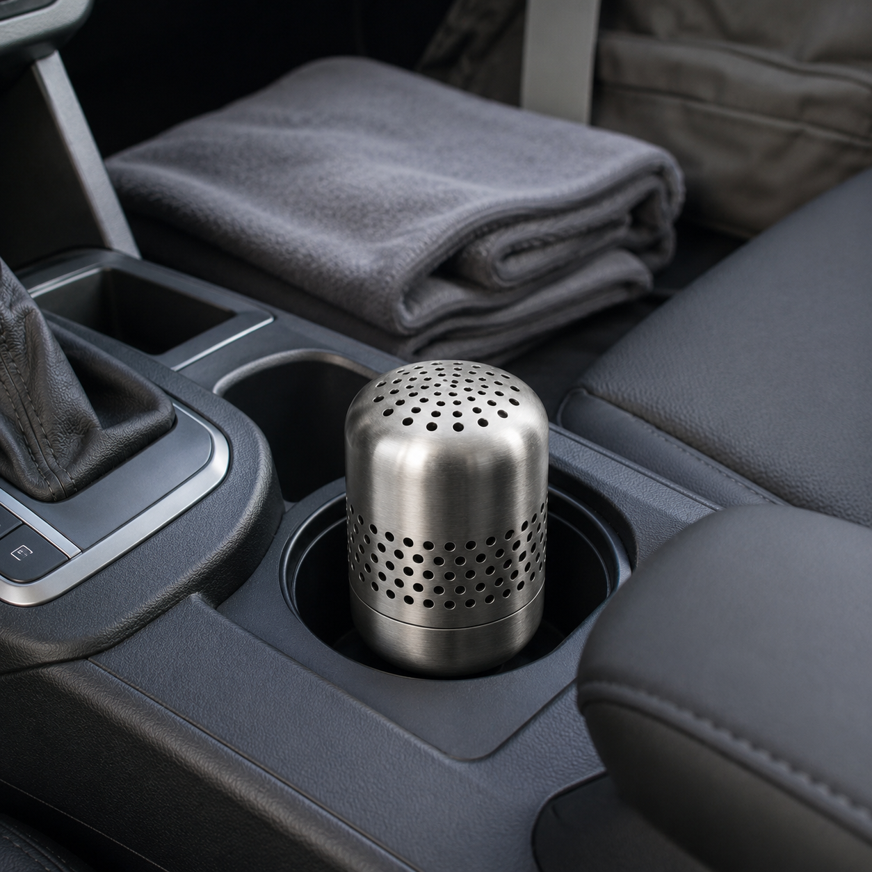Kursi deodorizer standing securely in a car cup holder near a gym towel