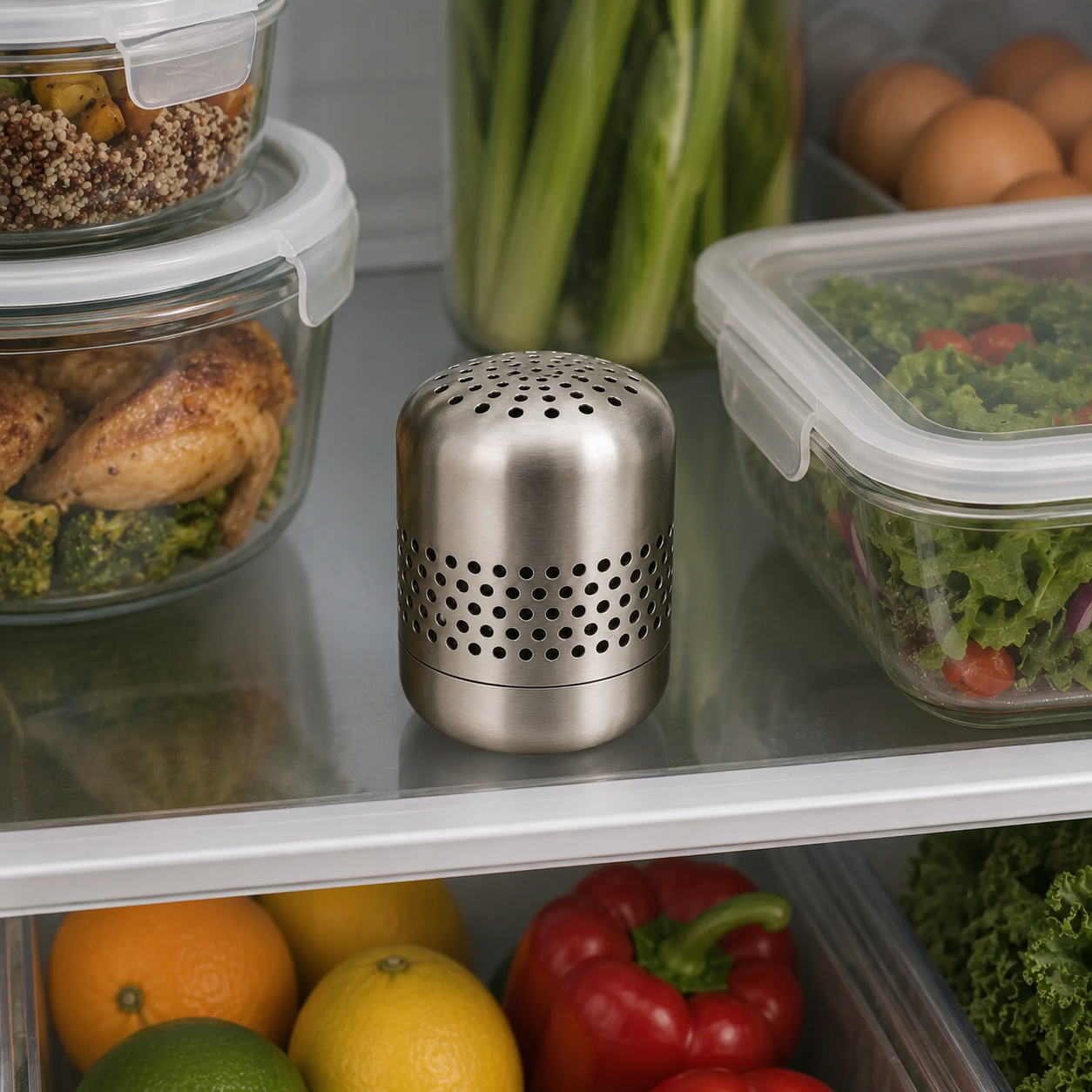 Kursi deodorizer placed upright among leftovers and produce in a refrigerator
