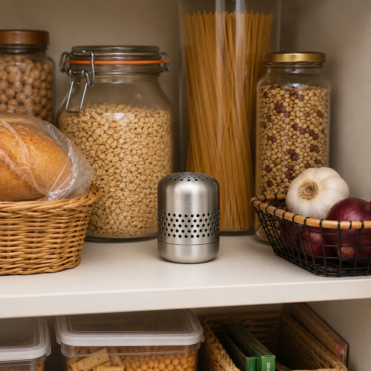 Kursi deodorizer standing inside a pantry cabinet with dry goods and onions