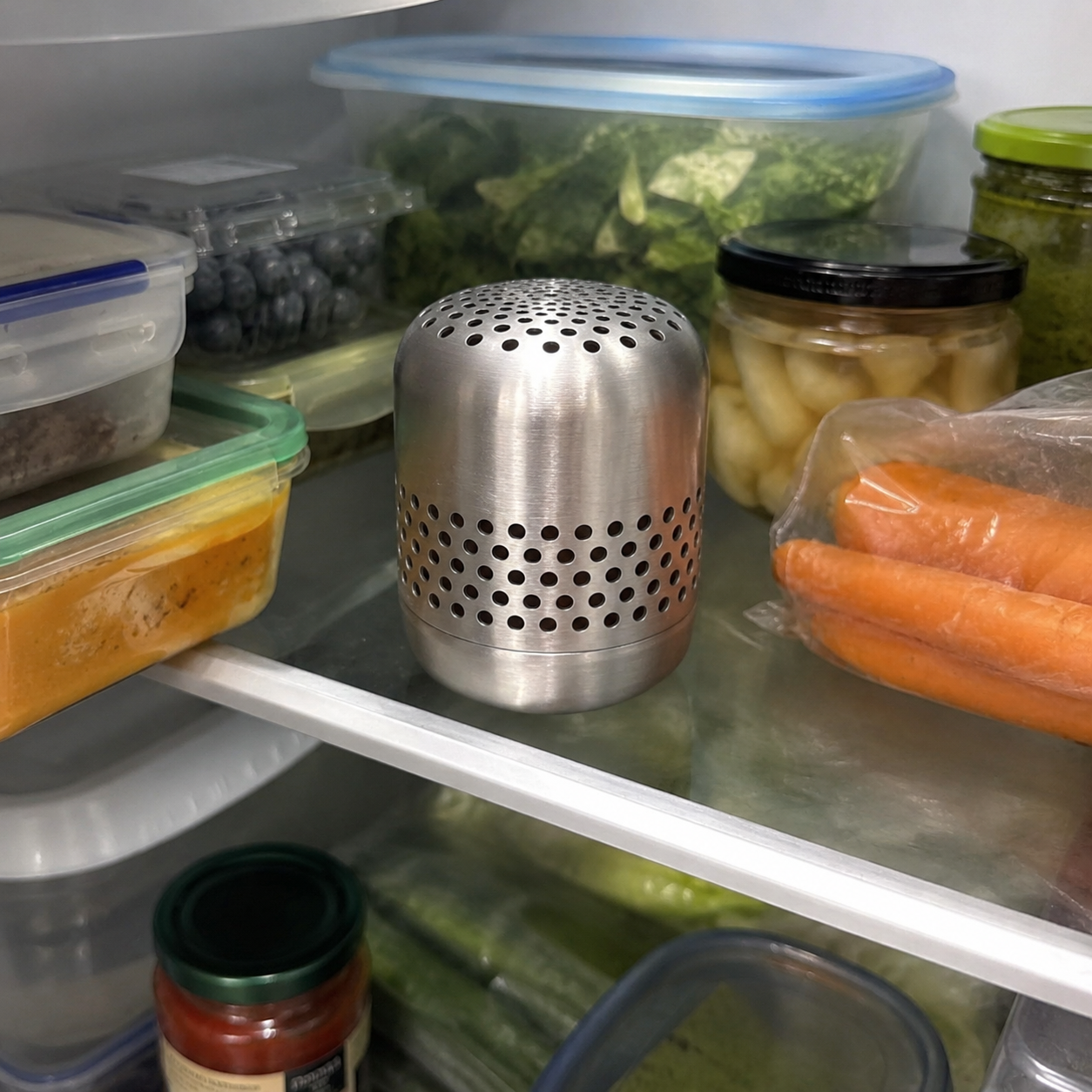 Kursi deodorizer placed among visible leftovers, produce, and clear food containers