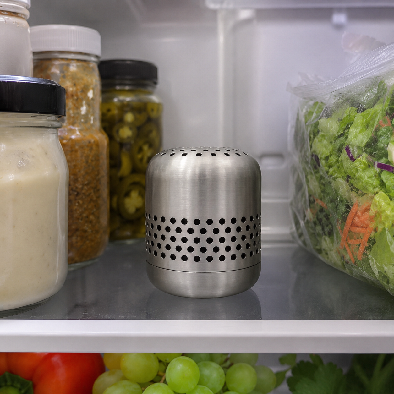 Kursi deodorizer standing upright with open space around its perforations inside a refrigerator