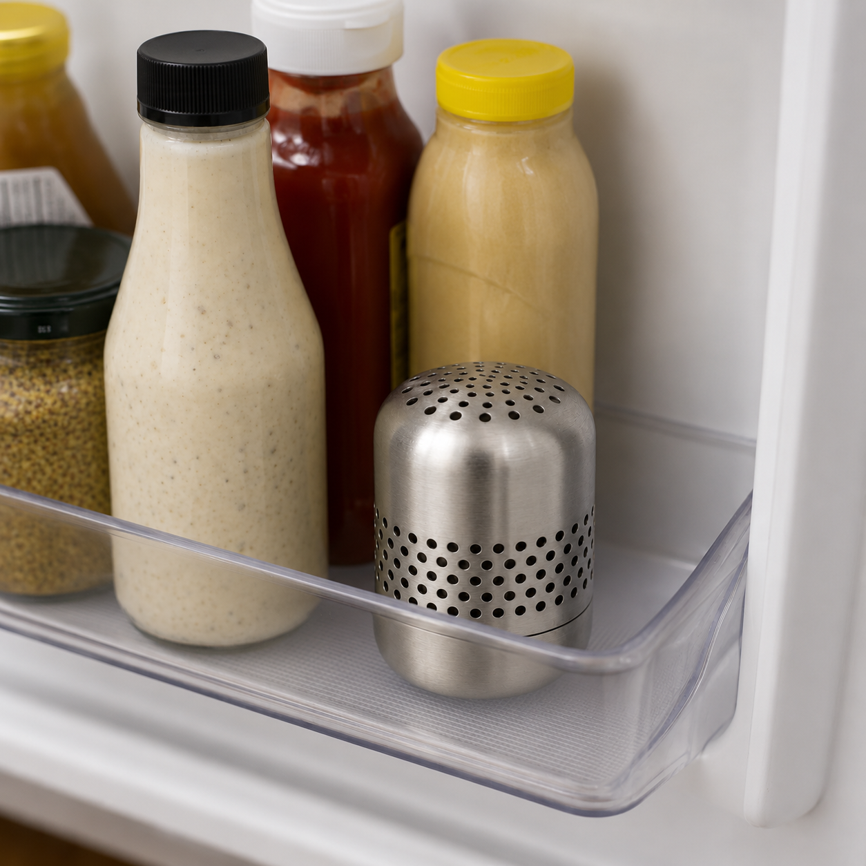 Kursi deodorizer standing upright among condiments in a refrigerator door shelf