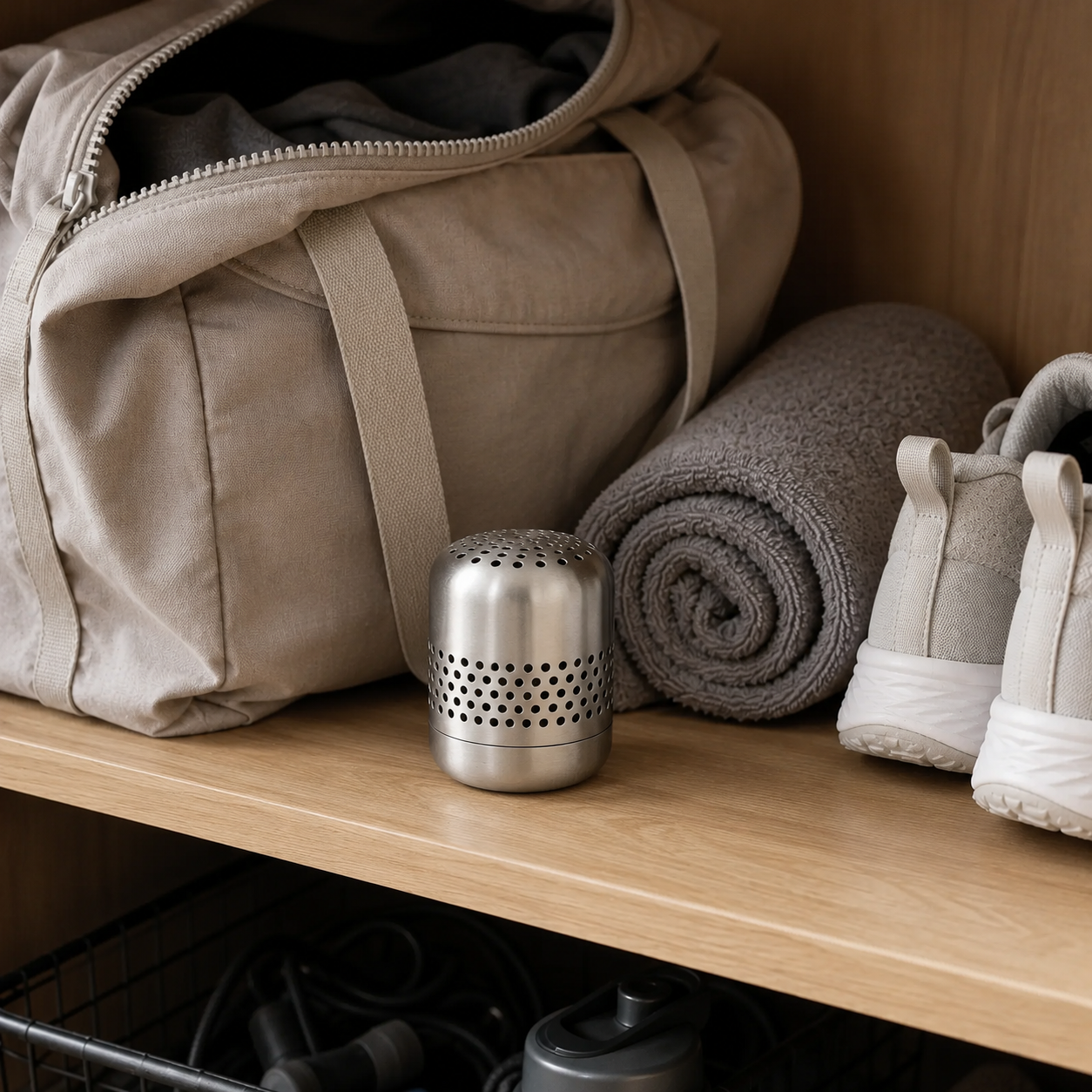Kursi deodorizer standing upright beside gym gear in a home storage cubby