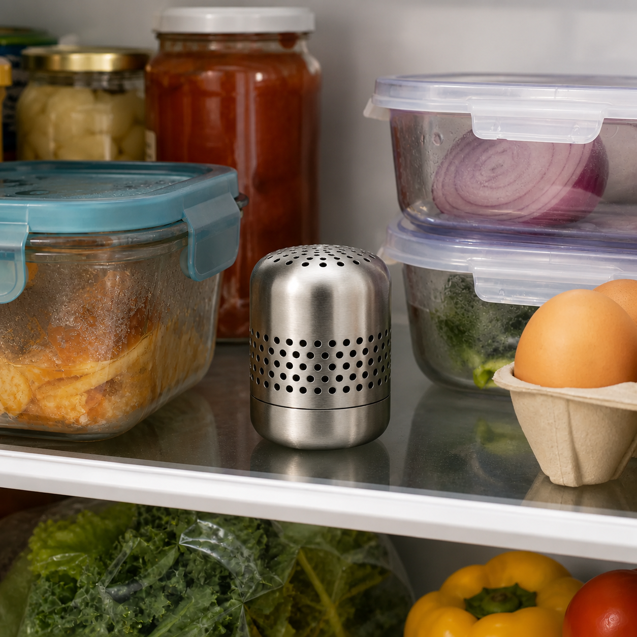 Kursi deodorizer placed upright beside leftovers and everyday groceries on a refrigerator shelf