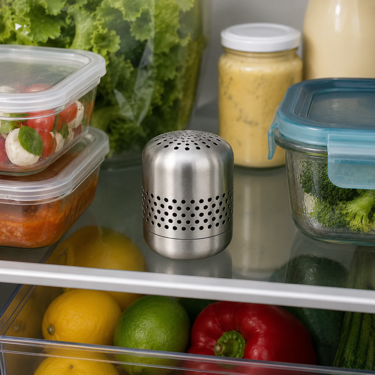 Kursi deodorizer placed upright between meal-prep containers and fresh groceries on a refrigerator shelf