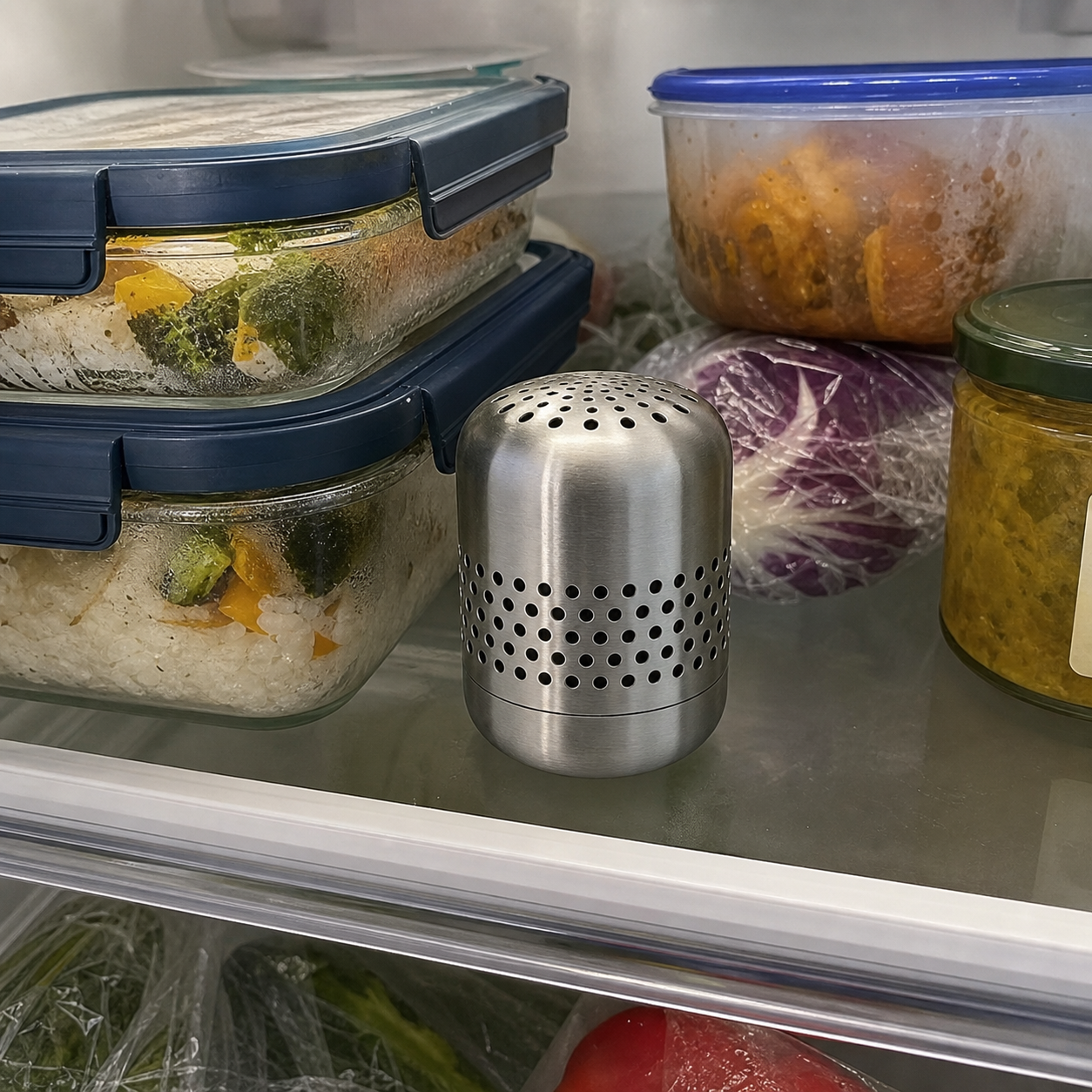 Kursi deodorizer positioned beside meal-prep containers inside a refrigerator