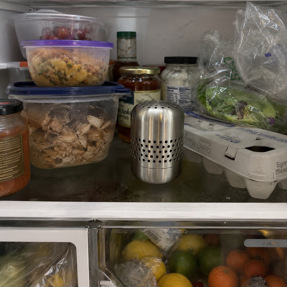 Kursi deodorizer standing on a refrigerator shelf among leftovers, produce, and eggs
